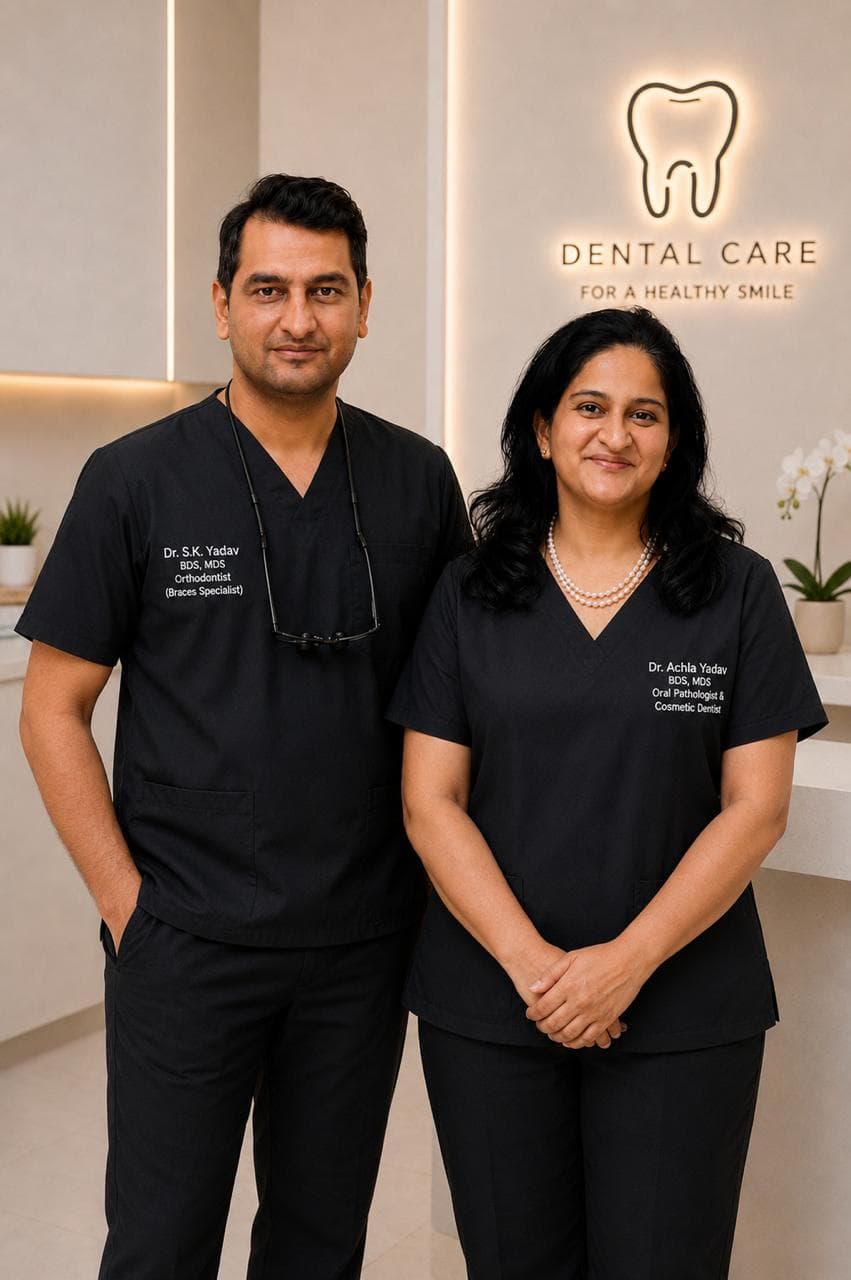 Dr. (Prof.) S. K. Yadav and Dr. (Prof.) Achla Yadav in clinic scrubs at Shubh Dental Clinic